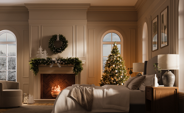 bedroom decorated for holidays with christmas tree