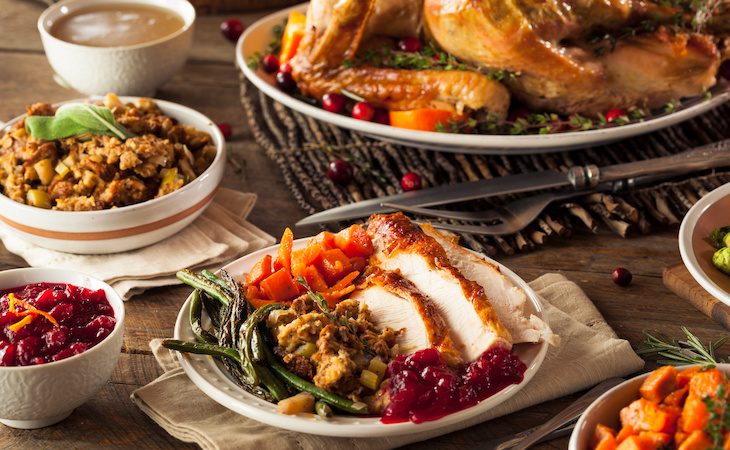 Full Homemade Thanksgiving Dinner including turkey, stuffing, veggies